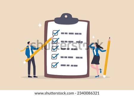 Task checklist, clipboard with to do list checkmark, task management to track work completion, accomplishment, survey or questionnaire concept, business people with pencil and checklist clipboard.
