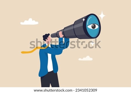 Search for opportunity, business vision, success direction or finding new employee, career future, secret discovery or research concept, businessman look through telescope or binoculars with big eye.