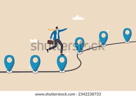 Roadmap, project milestone or business journey achievement, workflow or process timeline to success, step planning or progress concept, businessman run on milestone location pin on business roadmap.