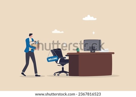 Start new job, onboarding new hire or begin career position, employee move to new office or opportunity, employment and recruitment concept, businessman starting new job walk to welcome office desk.