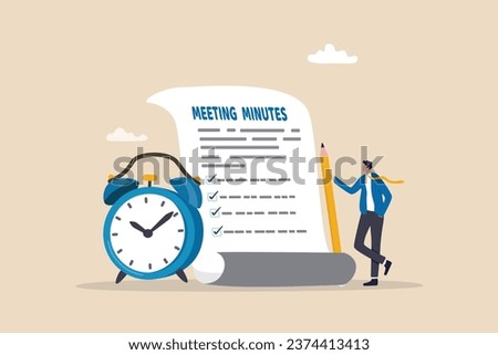 Meeting minutes, lecture summary or meeting conclusion document, effective writing for discussion plan, note or information report concept, businessman writing meeting minutes with alarm clock.