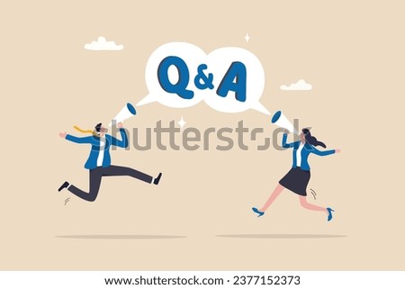 QA, question and answer session, FAQ or frequently asked questions, information to solve problem concept, businessman and woman shouting on megaphone as Q and A on speech bubble.