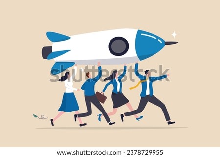 Entrepreneur or startup company, teamwork help develop to launch new project, initiative or opportunity to growth, leadership or cooperation concept, business people team help carry rocket to launch.