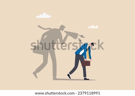 Self criticism, negative critic thinking to blame yourself, guilt or depression to rant or inner anxiety, anger or stress psychology concept, depressed businessman self shadow blame with megaphone.