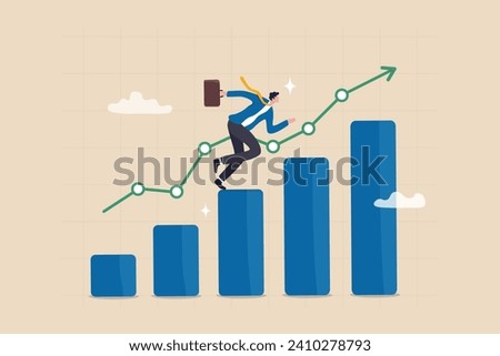 Business growth, challenge to success, career growing achievement, ambition or aspiration to achieve goal, development effort, improvement or winner step concept, businessman running up growth chart.