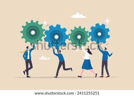 Work together, teamwork or cooperate to success, solution to team support for best efficiency or productivity, development or organization concept, businessman people connect gear cogwheels together.