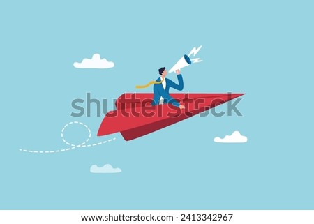 Communication, announcement or marketing message, loud speaker promotion notice or communicate important information concept, businessman on origami airplane shouting or announce message on megaphone.