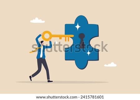 Turnkey solution complete ready to use product, open opportunity to solve customer problem, unlock potential to success, software or platform concept, businessman turn key into jigsaw puzzle keyhole.