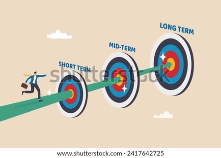 Short term, mid-term and long term goals, step to reach success or achievement, aim for targets, objectives or purpose, challenge to goals, businessman running to short, medium and long term goals.