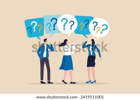 Ask questions for help or solution, confusion, doubt or query for answer and information, business discussion to solve problem concept, business people employee ask questions with question mark signs.