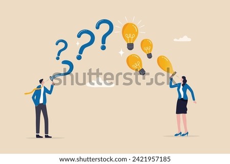 Question and answer, FAQ frequently asked questions, asking and reply to solve problem, help information, solution or q and a session concept, business people with question mark and lightbulb bubble.