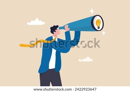 Product discovery, discover new idea or business insight, searching for innovation, creativity or smart solution, finding success concept, businessman look through telescope to find lightbulb idea.