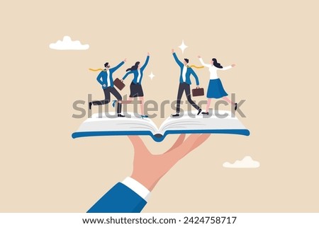 Employee handbook, manual for onboarding new staff, procedure or rule for welcome new hire to know company, business manual for success concept, businessman hand holding handbook with new employees.