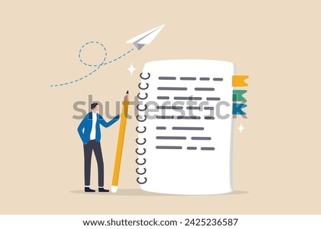 Write note or message on notebook paper, writing document, memo or lecture, record information, diary or article concept, business man holding pencil writing message on notebook paper.