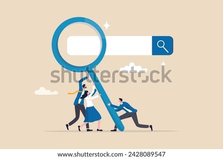 Search new job, finding candidate or discover talent, hiring and recruitment, SEO search engine optimization, find career opportunity concept, business people HR push magnifying glass on search bar.