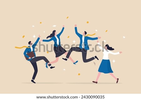 Happy office workers, joyful staff or employee success, team or colleague celebrate work achievement together, diverse, excited people concept, business people office worker jump to celebrate success.