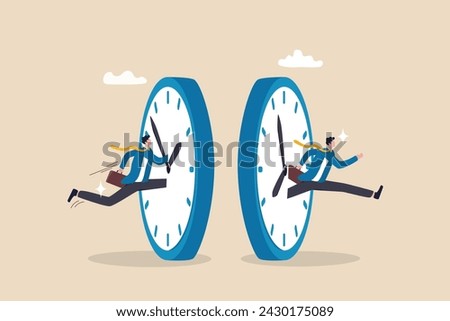 Time management or time travel to the future, time flied fast to work deadline, productivity or efficiency, effort or work schedule, evolution concept, businessman jump into clock to the future.