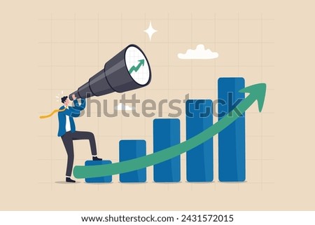 Economic growth forecast, GDP prediction or business vision to grow investment or business, increase profit or earning improvement concept, businessman look on telescope on growth chart diagram.