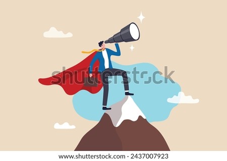 Business vision to see journey to success, discovery new opportunity, looking for jobs, future success or career goal, leadership mission concept, businessman lookout telescope on top mountain peak.