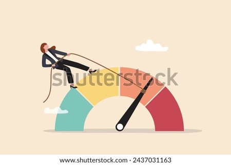 Reduce risk level or decrease stress anxiety meter, lower danger indicator or scale, reduce from red alert meter to be green chart concept, businesswoman pull meter to reduce risk or stress level.