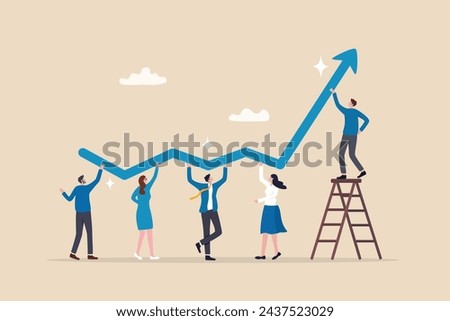 Growth strategy, team collaboration to grow business success, teamwork or partnership to develop or improve work efficiency concept, businessman and woman employee team help grow rising arrow chart.