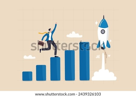 Boost rocket to business growing fast, investment growth, start or launch new business, innovation to boost success, rising up and improvement concept, businessman on growth chart launching rocket.