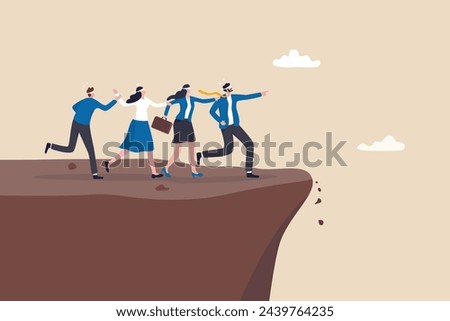 Mistake or wrong decision with blind decision, business problem with blindfold leadership, trouble, failure or trap for bad decision concept, blindfold business people walk to unknown falling cliff.