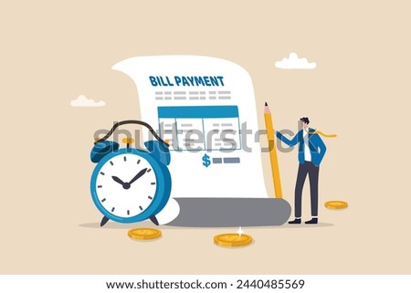 Bill payment, expense or financial service to pay for transaction, credit card payment or shopping cost concept, businessman with pencil and bill payment document and alarm clock.