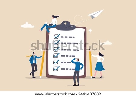Checklist to complete project task, accomplish work checkmark, todo list clipboard or project status report, plan to finish work concept, business people holding pencil complete task checkbox.