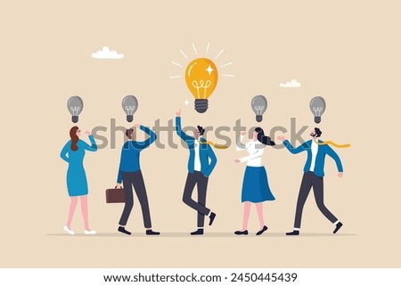 Solution expert solving problem or leader giving advise in meeting discussion, thinking for solution, creativity or professional to help, eureka moment concept, businessman with bright lightbulb.