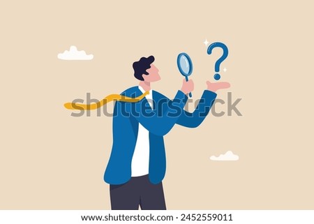 Problem analysis, analyze information to find solution or answer, solving problem or trouble, challenge to think overcome difficulty concept, businessman analyze question mark with magnifying glass.