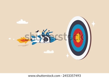 Team target achievement, reaching goal or success, teamwork strategy, challenge or aspiration to win together, leadership to lead team concept, business people riding rocket to reach target bullseye.