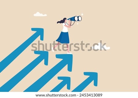 Searching for growth opportunity, vision to look and see future, challenge ahead or motivation to grow business concept, businesswoman on arrows look through binoculars to find business opportunity.