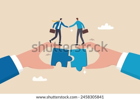 Partnership, teamwork or collaboration to success, solve jigsaw puzzle together, agreement or solution to win corporate trust, cooperation concept, businessman handshake connect jigsaw together.