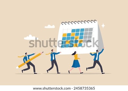 Project schedule, employee timetable, team meeting schedule or appointment, calendar date planning, agenda or project deadline concept, businessman and woman carry big calendar plan with pencil.