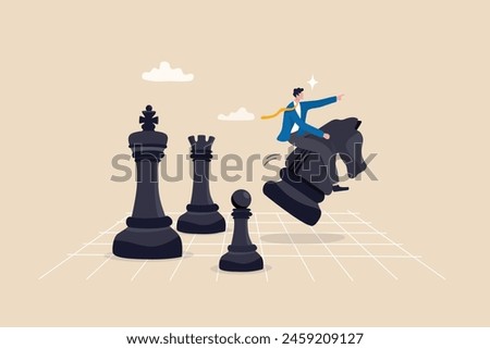 Strategic move, leadership to lead team with strategy, challenge to success, courage and confidence to win business competition concept, businessman riding chess knight lead team to win chess victory.