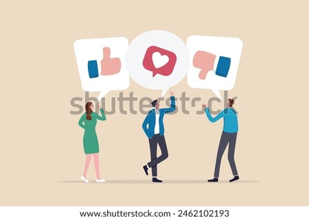 Social feedback, opinion or business advice, employee discussion, debate or customer comment, social media positive and negative feedback, people giving opinion with thumb up, thumb down feedback.