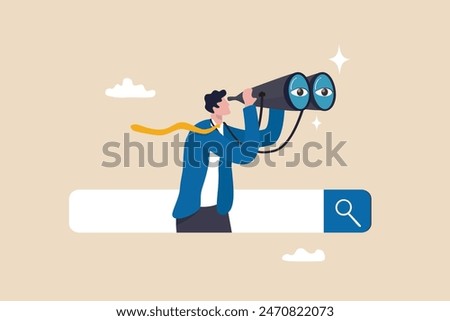 Search and discovery career or job opportunity, looking for job vacancy, marketing insight, find new success, research or observation concept, businessman look with spyglass, binoculars on search bar.