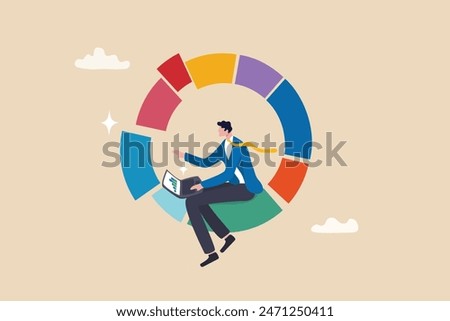Investment pie chart asset allocation for diversification, financial percentage distribution, budget or marketing analysis chart diagram concept, businessman working with computer laptop on pie chart.