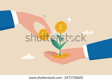 Investment growth, investing for financial independent or financial freedom, mutual fund or growth stock, saving or earning profit concept, businessman hand put money coin on growing money seedling.