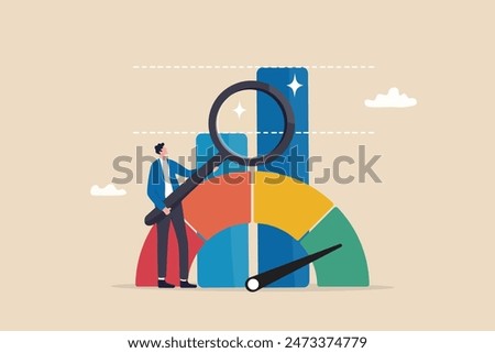 Benchmark performance or KPI key performance indicator, metrics or measurement to measure success, result evaluation, analysis or comparison concept, businessman magnify benchmark metric graph scale.