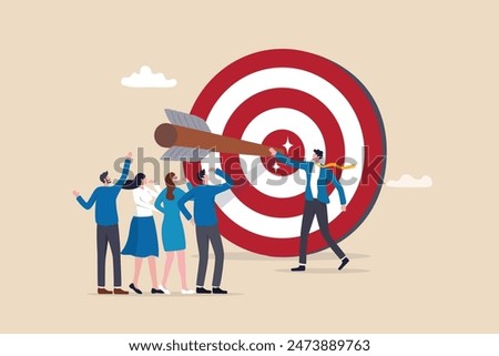 Company target achievement, business goal or objective to achieve, team strategy, leadership development, aiming for winning goal concept, businessman point arrow bullseye target to team colleagues.