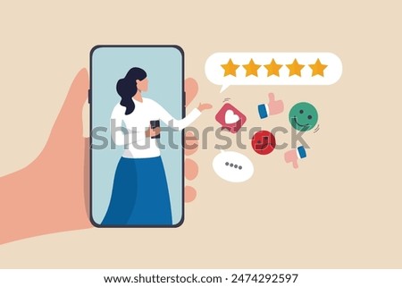 Customer experience, CX or UX user experience, feedback or comment, opinion on product and service, user satisfaction positive or negative feedback concept, woman on mobile giving experience rating.