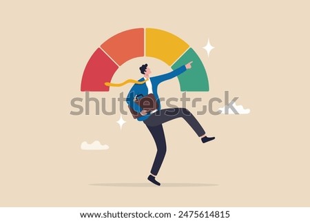 Performance evaluation, employee rating assessment, appraisal review or high potential employee, staff achievement, excellent job candidate concept, happy businessman on high performance gauge.