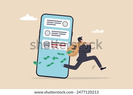 Call center fraud or scam stealing money from mobile banking application, fake phone call or financial crime, phishing or financial threat concept, scammer thief steal money from mobile banking app.