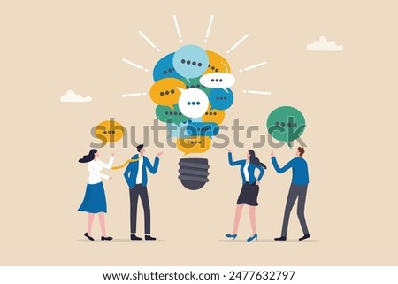 Effective communication, meeting discussion or conversation solution, speak or telling intelligence information, team opinion new idea concept, business people discuss with lightbulb speech bubble.