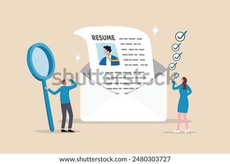 Review candidate resume, talent validation or scan to choose applicant on vacancy, employment or recruitment, HR human resources concept, business people HR staff review candidate resume email.