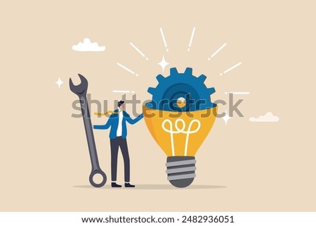 Innovation or product development, idea or solution to solve business problem, invention or technology creation to build new product, efficiency concept, businessman build gear in lightbulb idea.