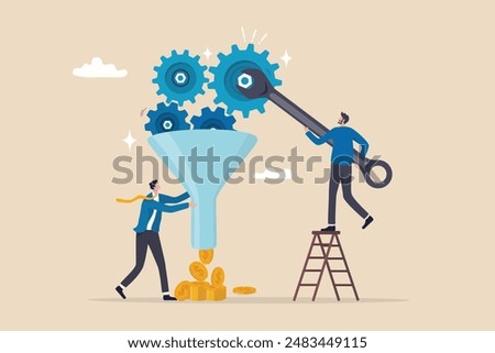 Optimization to improve result, adjust marketing factor to gain more profit, efficiency or growth, fix process for best result concept, businessman using wrench to optimize process better performance.