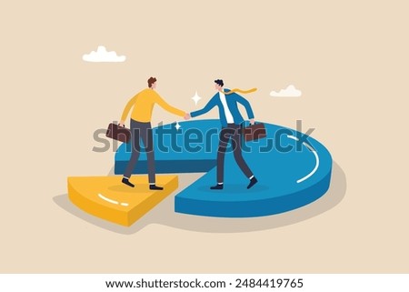 Shareholder or stakeholders, sharing benefit or merger and acquisition, partnership or collaboration, marketshare or agreement concept, businessman handshaking on pie chart to share profit together.